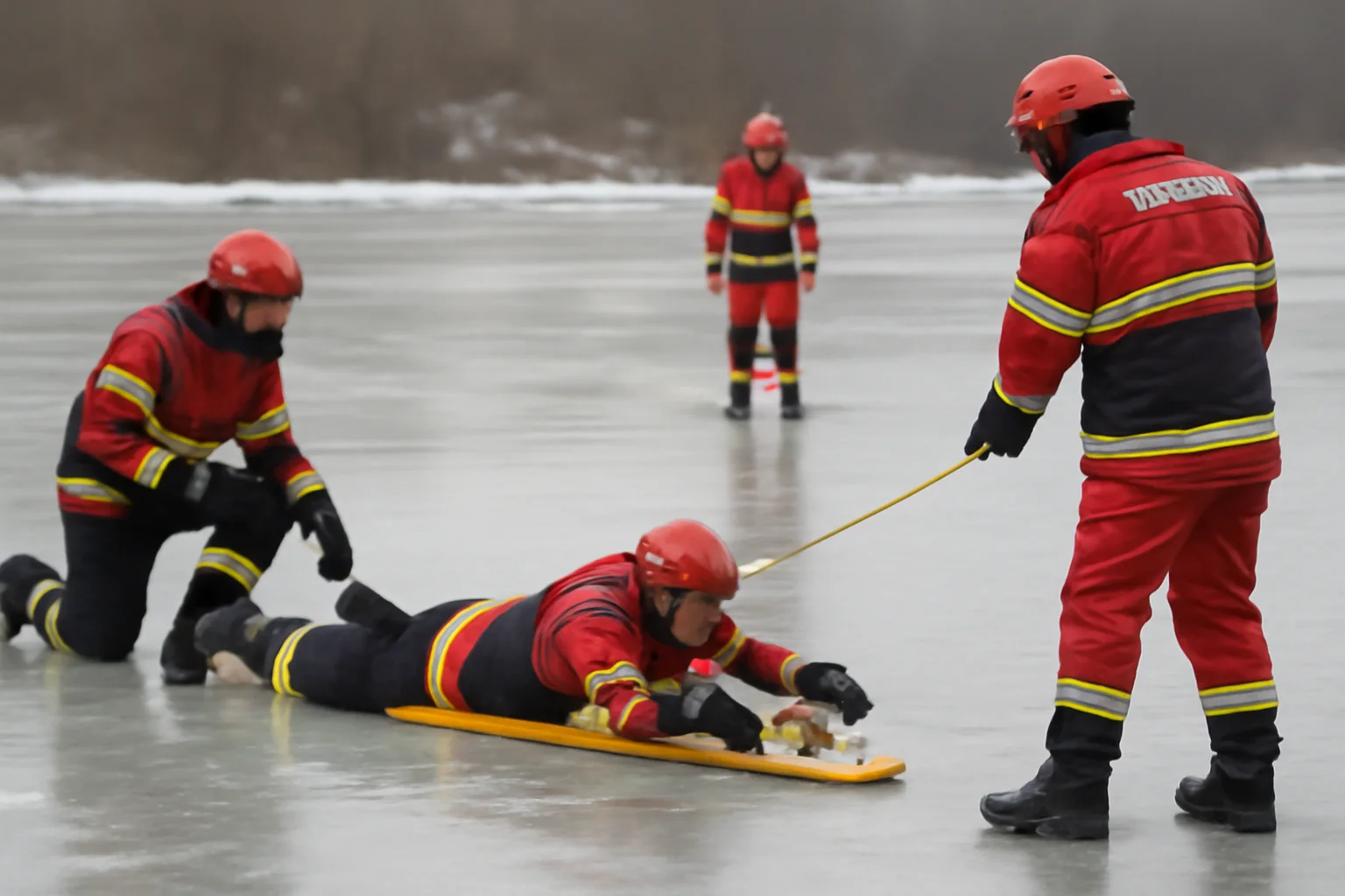 Exercițiu de salvare pe gheață al pompierilor din Reșița, organizat în județul Caraș-Severin